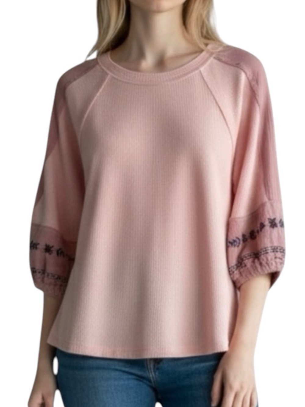 HAILEY & CO 3/4 Sleeve Embroidered Top in Pink Size M — Boho Style